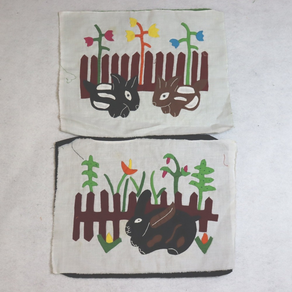 Vintage Mola Applique Fabric Panels OS White Multicolor Unisex Folk Art Rabbit